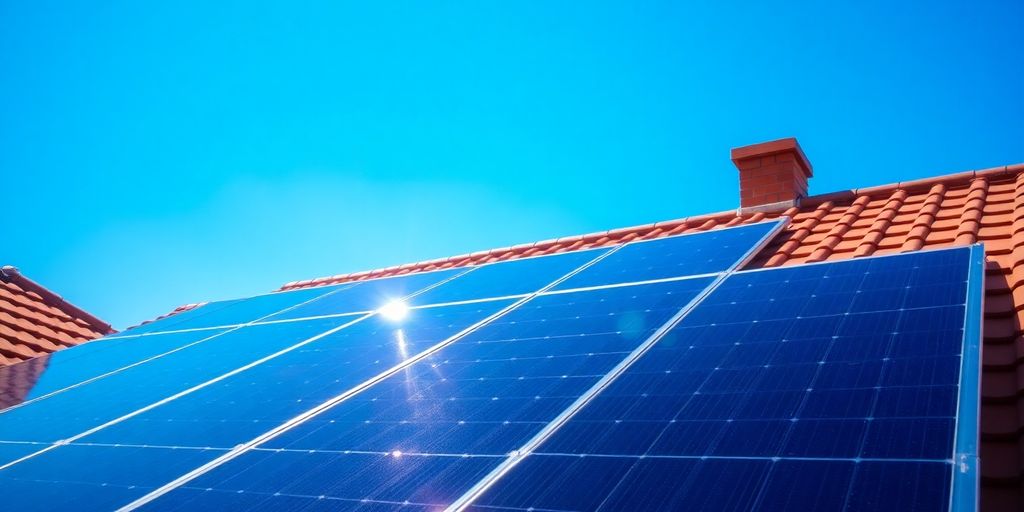Solar panels on a rooftop, sunny day.