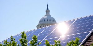 Solar panels on rooftop with Capitol Building