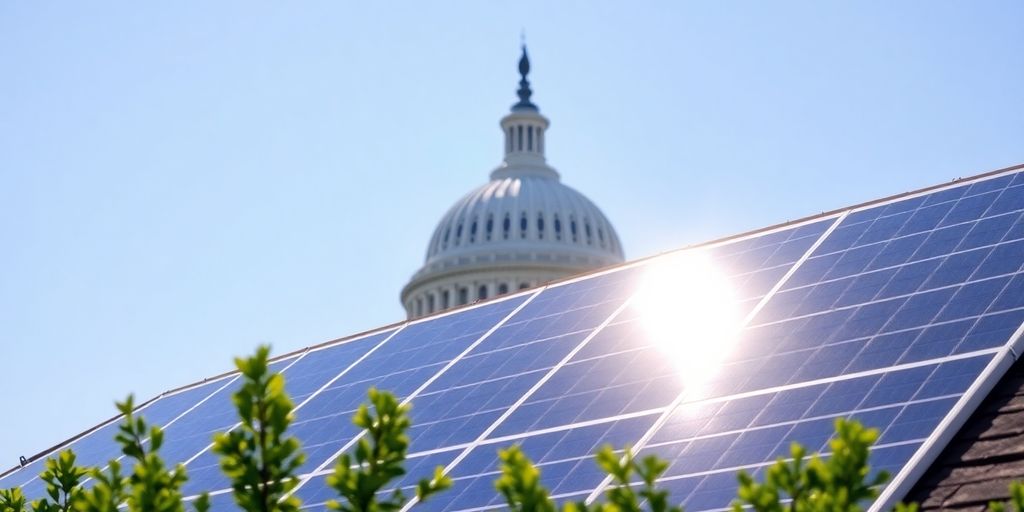 Solar panels on rooftop with Capitol Building