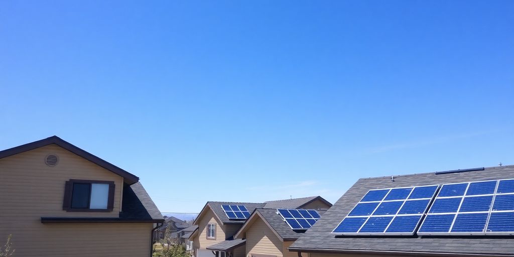 Colorado homes with solar panels under a sunny sky.