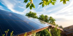 Rooftop solar panels on modern green home.