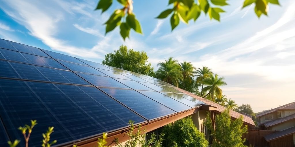Rooftop solar panels on modern green home.