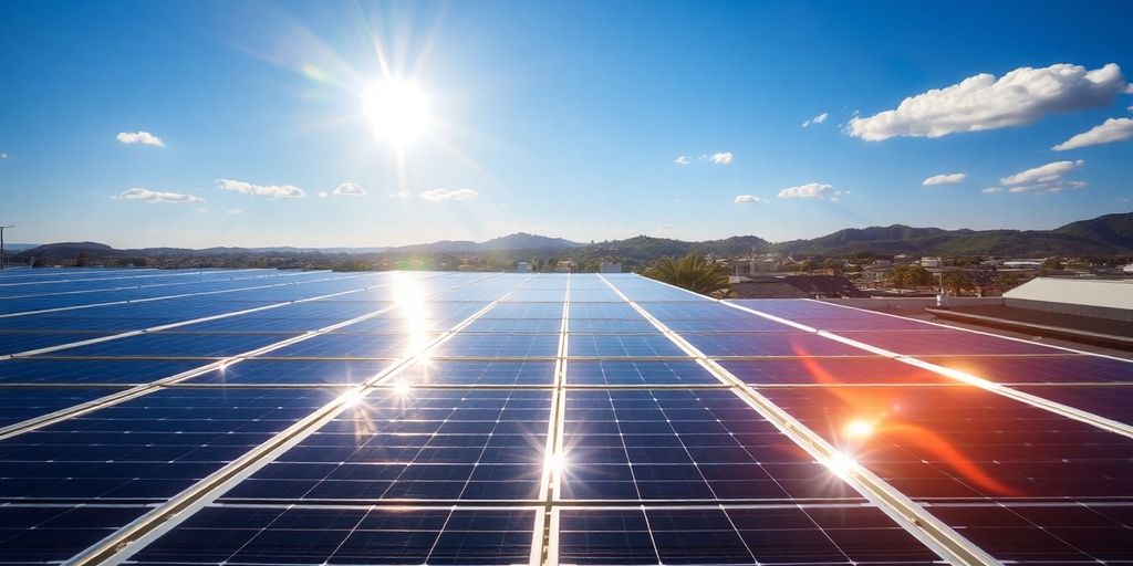 Solar panels on rooftop under bright sun and blue sky