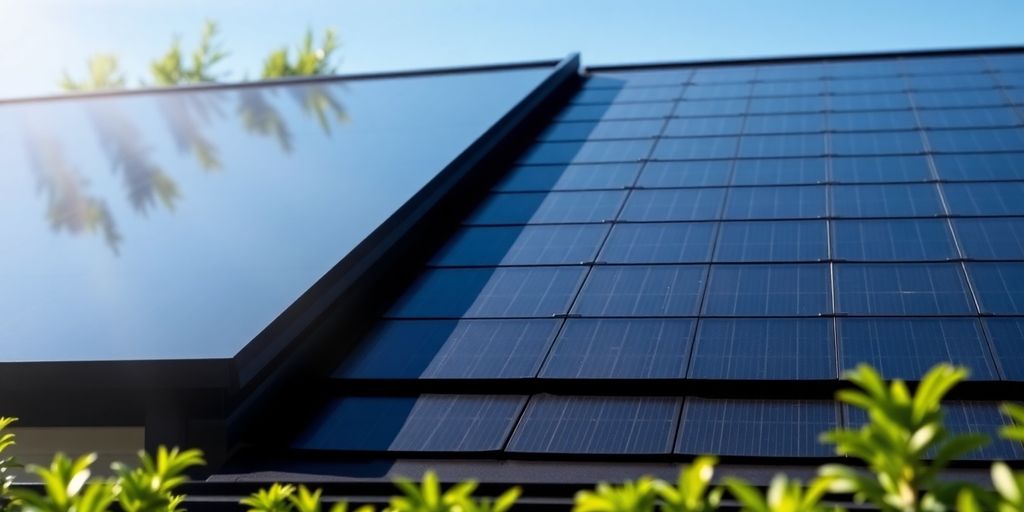 Sleek solar roof absorbing sun.