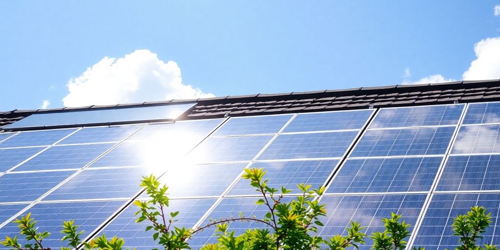 Rooftop solar panels glowing in sunlight.