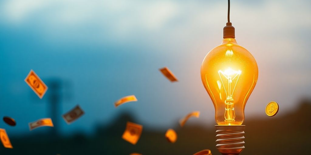 Lightbulb with dollar signs, money, and power lines.