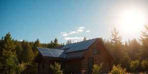 Solar panels powering a rustic cabin in a forest.