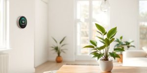 Energy-efficient home interior with natural light and smart devices.