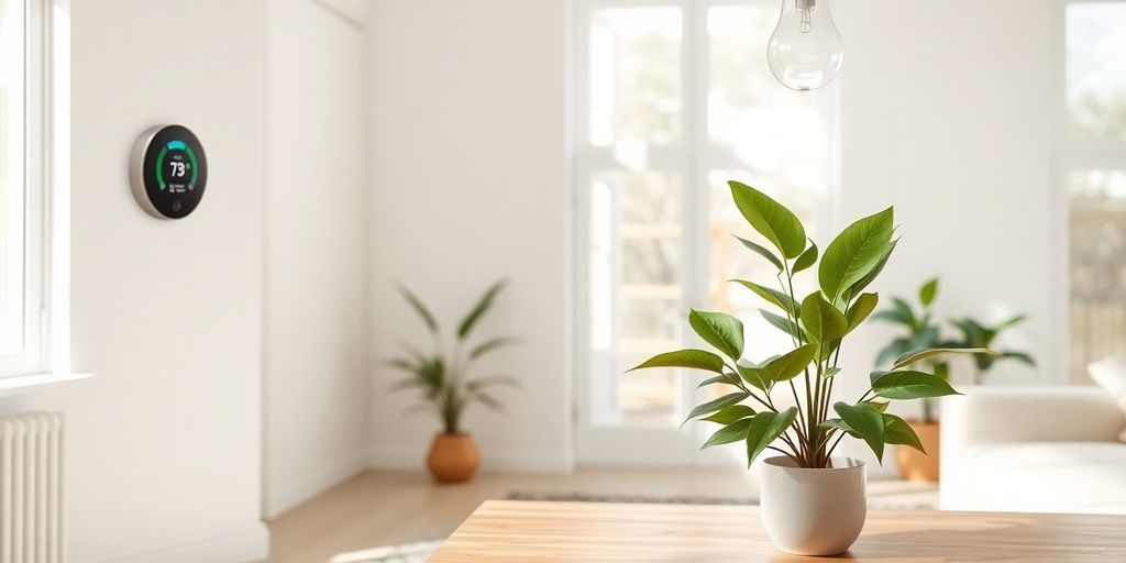 Energy-efficient home interior with natural light and smart devices.