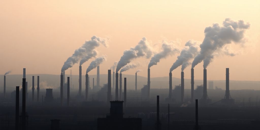 Industrial smokestacks emitting greenhouse gases into atmosphere.