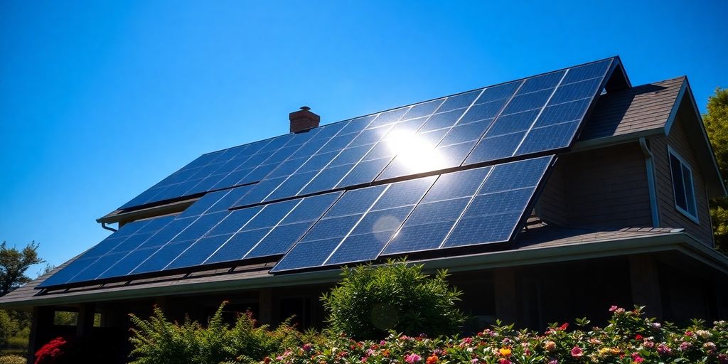 House rooftop solar panels under clear blue sky, green lawn.