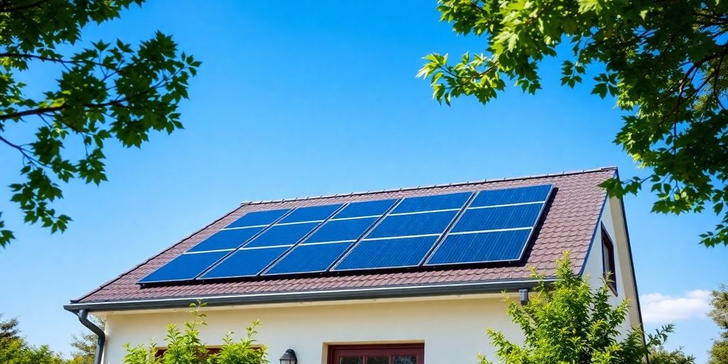 Solar panels on rooftop, sun shining.