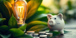 Bright lightbulb, green leaves, coins, and a piggy bank.