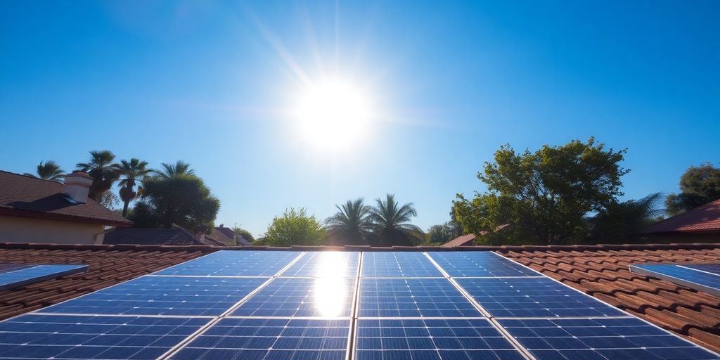 Sunlight hitting solar panels on a rooftop.