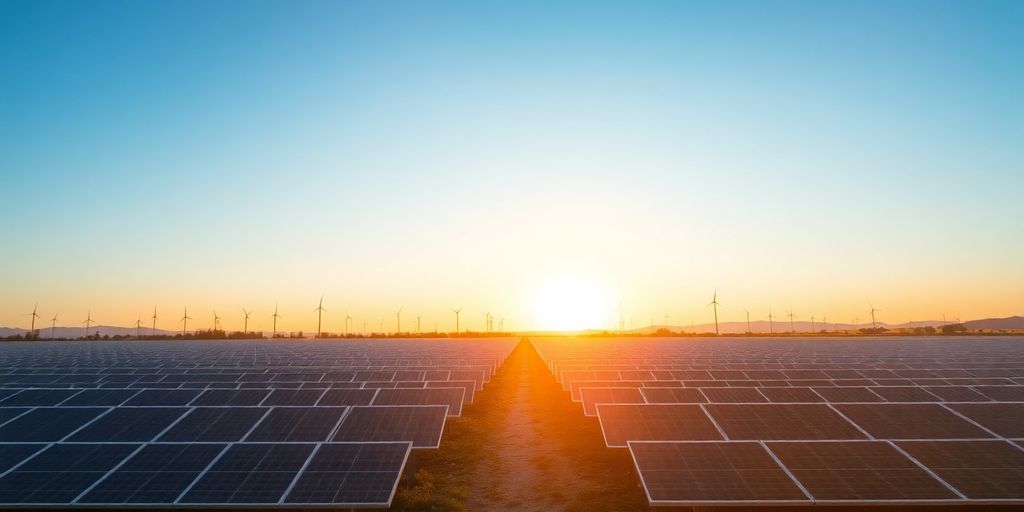 Sun setting over solar panels and wind turbines.