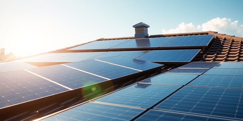 Bright sun over solar panels on a roof.