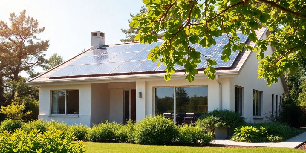 Sun shining on a modern house with solar panels.