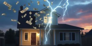 Money flying out of a house with a lightning bolt.