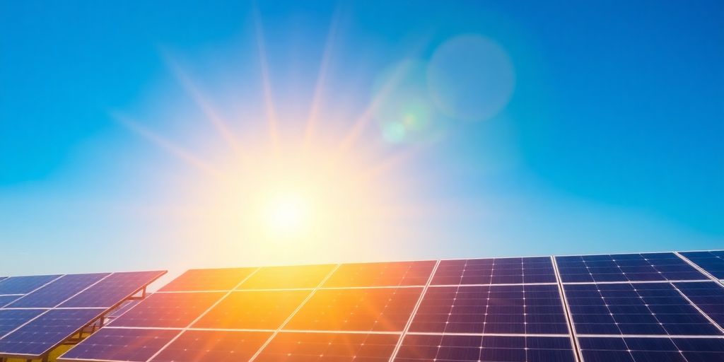 Sun shining over solar panels.